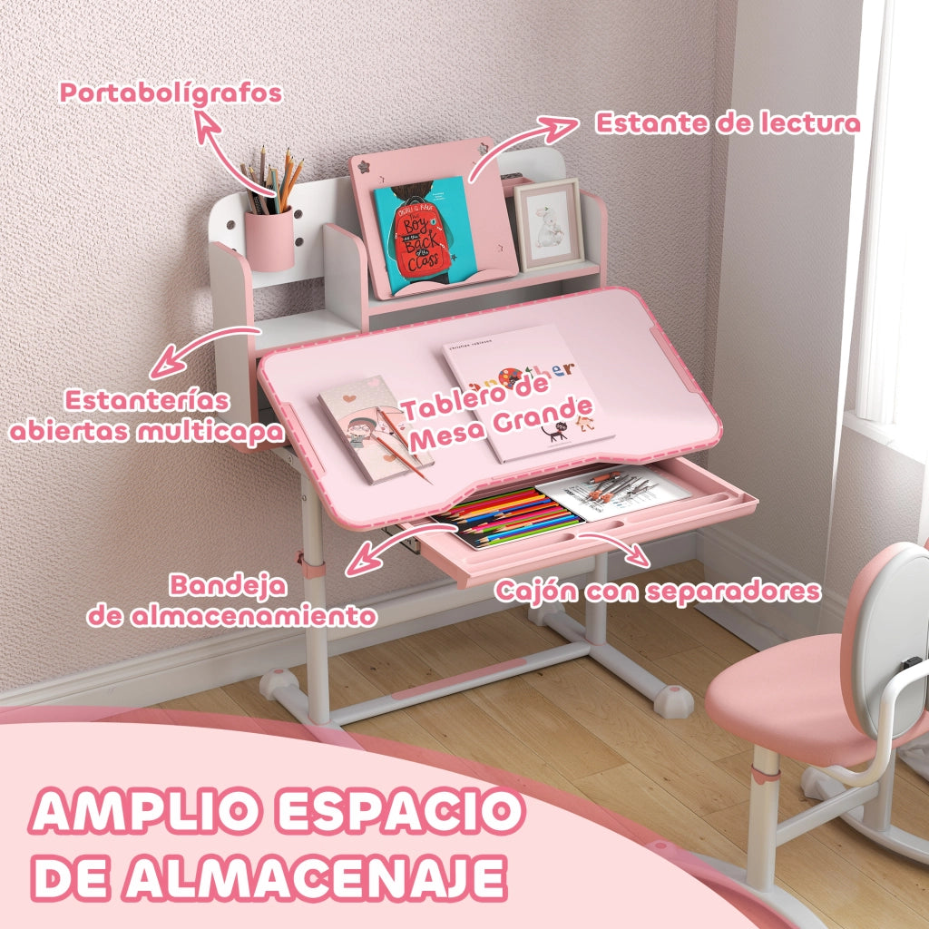 Scrivania Bambini con Sedia Regolabile ¨C zephmum ¨C Rosa 80x55x107,5 cm