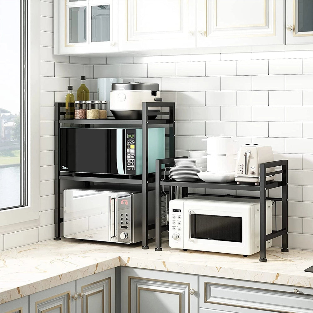 Scaffale Porta Microonde Allungabile 2 Ripiani Mensola da Cucina in Metallo Nero