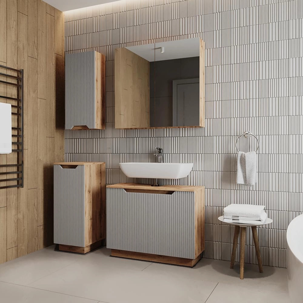 Set di mobili da bagno Lotta, Rovere/grigio a righe, 4 parti