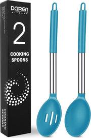 Due cucchiai in legno con manico in silicone, antiscivolo, in acciaio inossidabile, foro e cucchiaio massiccio, predisposti per servire, mescolare, versare, resistente al calore, resistente ai graffi e BPA-free (blu)