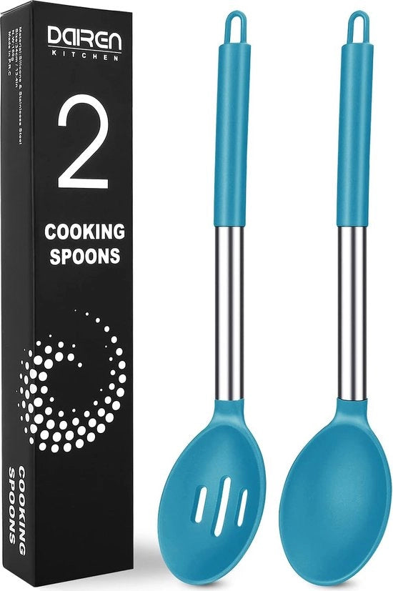 Due cucchiai in legno con manico in silicone, antiscivolo, in acciaio inossidabile, foro e cucchiaio massiccio, predisposti per servire, mescolare, versare, resistente al calore, resistente ai graffi e BPA-free (blu)