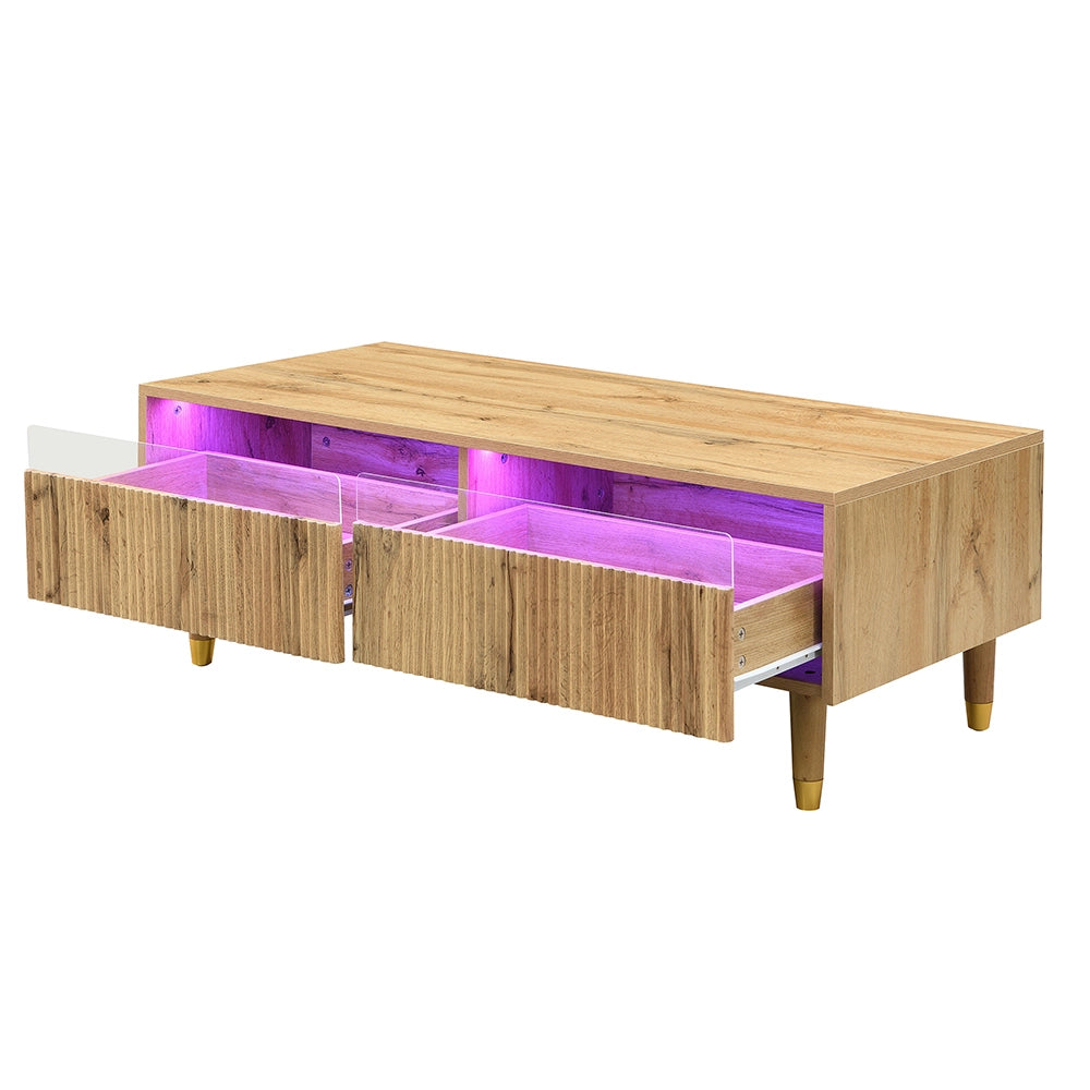 Tavolino-Xylo-Piano ondulato LED piedi legno dorato 2 cassetti