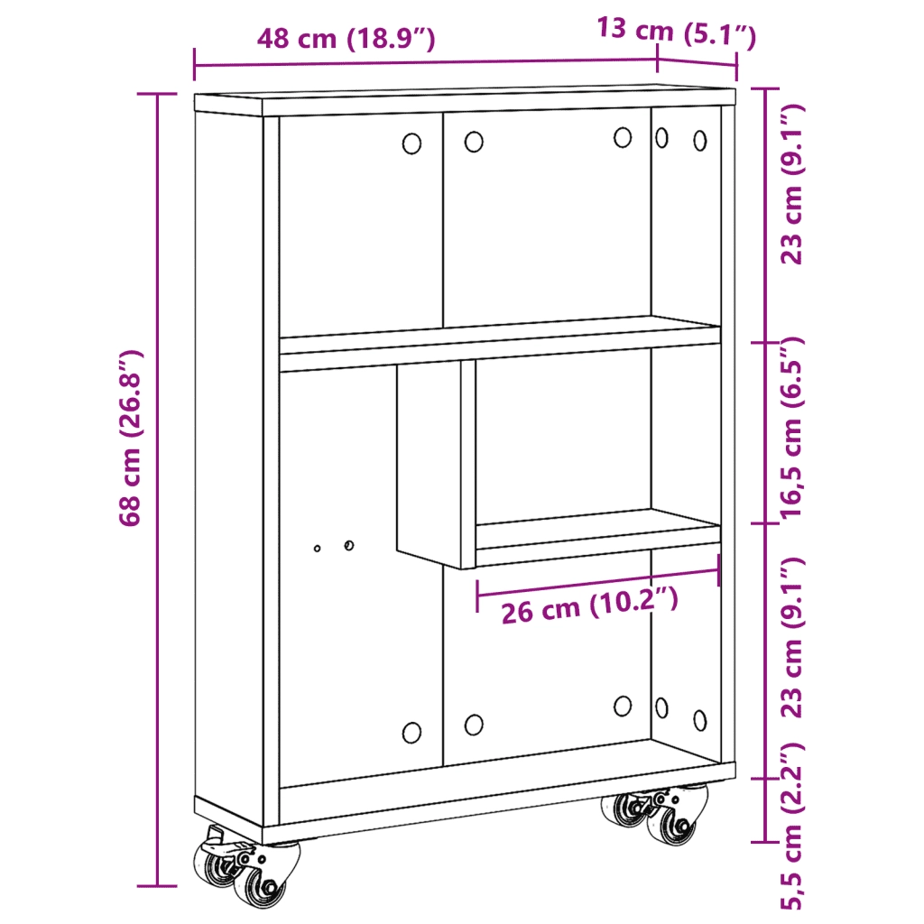 Carrello Stretto Grigio Sonoma 48x13x68 cm in Truciolato 855228