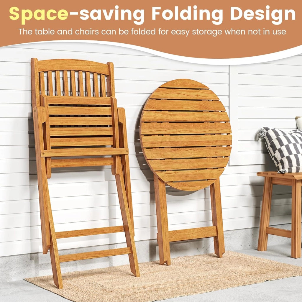 Set da Giardino 2 Posti in Legno di Acacia, Tavolo da Giardino Esterno con Sedia Pieghevole, 2 Cuscini Rimovibili, per Terrazza, Balcone, Bistrot (Grigio + Naturale)
