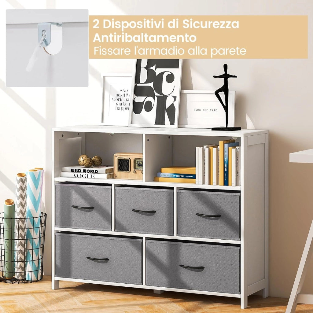 Cassettiera in Tessuto, Cassettiera con 5 Cassetti e 2 Ripiani Aperti, con Contenitori in Tessuto e Ampio Piano, per Camere da letto, Soggiorno e Ingresso, 100 x 30 x 78 cm