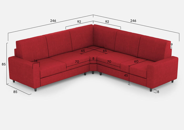 Divano Angolare 5 Posti 246x246x85 cm Sakar in Tessuto Rosso