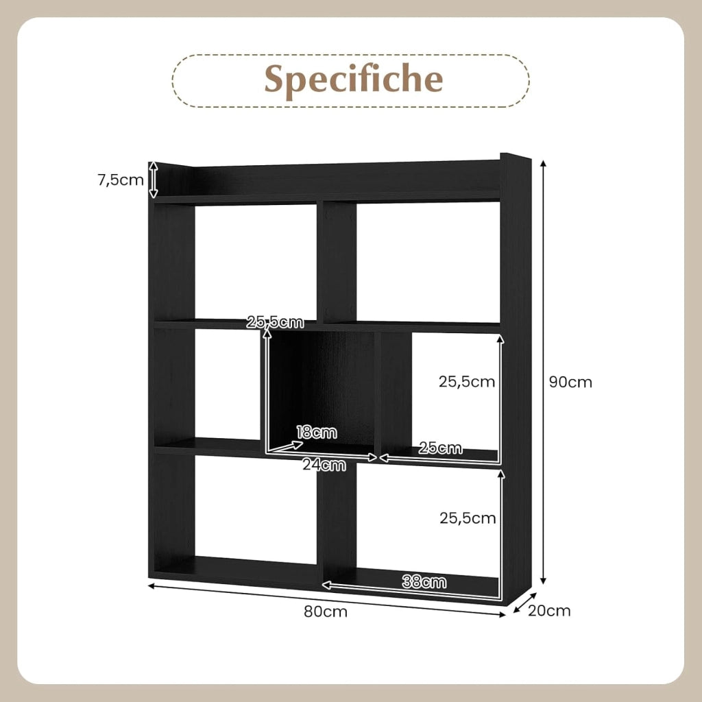 Libreria a Cubi con 7 Scomparti, Mensola Espositiva per l'Archiviazione, Libreria in Legno con Dispositivi Anti-Ribaltamento, per Studio Soggiorno, 80x20x90 cm (Nero)