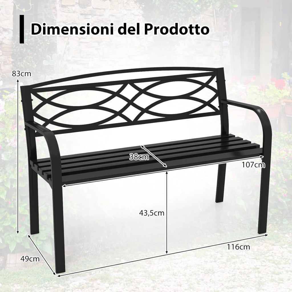 Panchina da Esterno 2-3 Posti, Panca in Metallo con Schienale Motivo Geometrico, Braccioli e Seduta a Doghe, Sedia Moderna per Parco, Cortile e Giardino