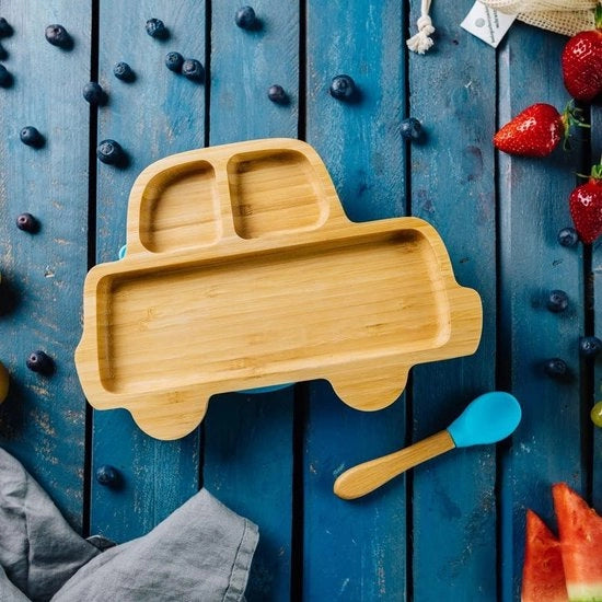 Set di bordi in bambù per l'auto - bordini con gancio - cucchiaio - certificato FSC - bordini per bambini - contenitori per snack - servizio per bambini - blu
