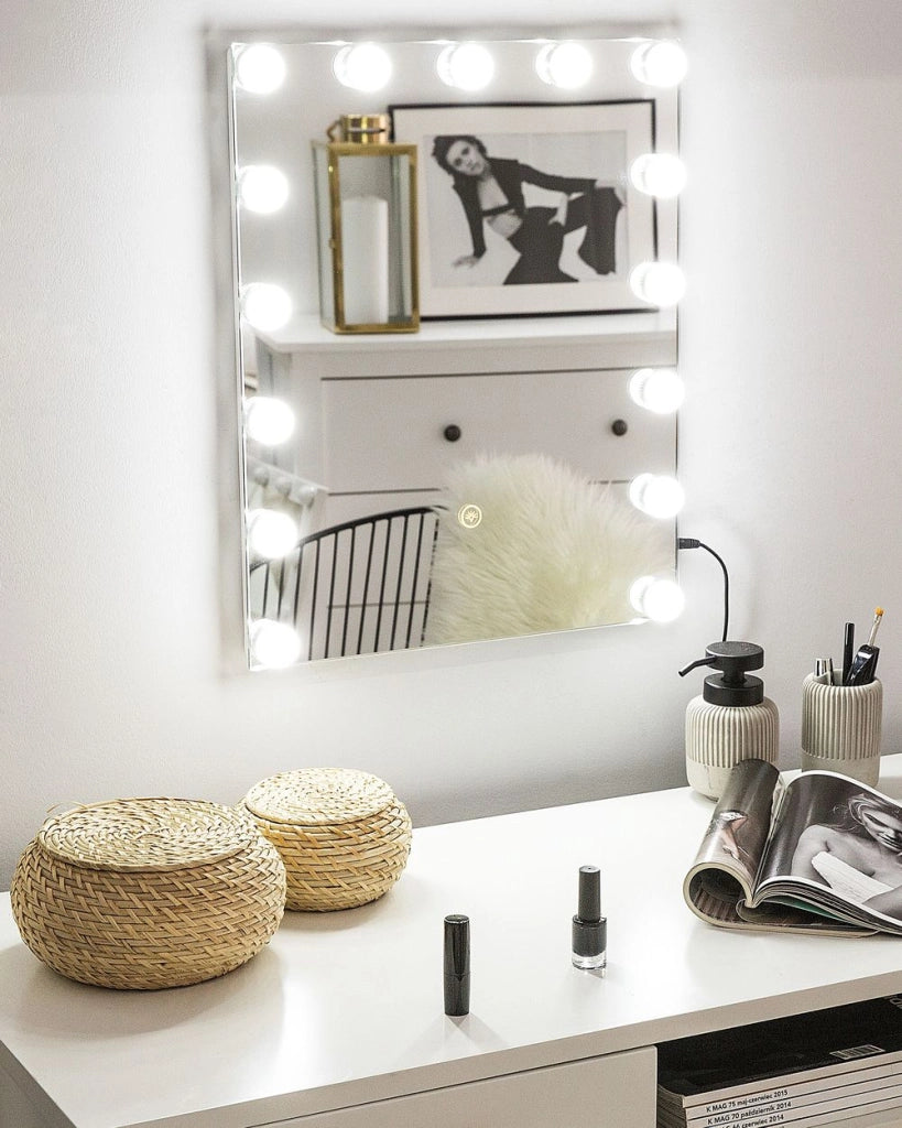 Specchio da toeletta da parete con LED Bianco 40 x 50 cm Tavolo da toeletta rettangolare illuminato con lampadine Hollywood