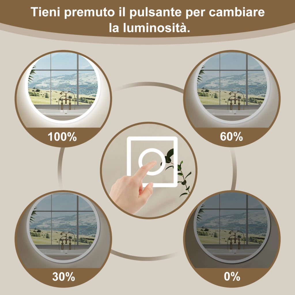 AICA Specchio Da Bagno Rotondo Da 70cm con LED, Antiappannamento, 3 Temperature Colore