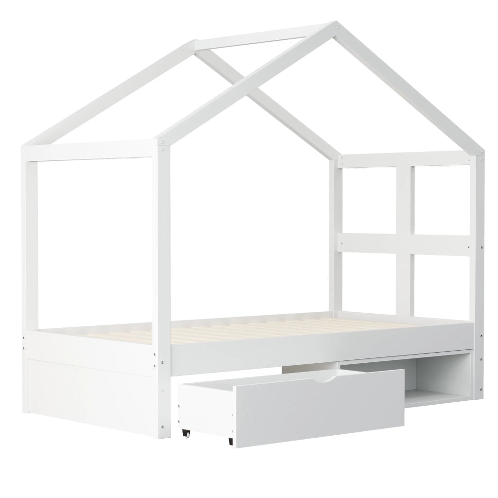 Letto bianco in legno 90×190 cm; cassetti; armadietto per scarpe; telaio a stecche a LED multicolore; letto singolo per giovani
