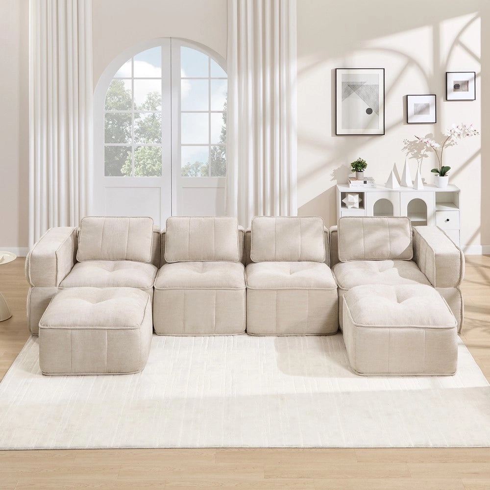 Divano modulare a U 4 posti ¨C Minimal ¨C Beige tessuto imbottito con 2 poggiapiedi