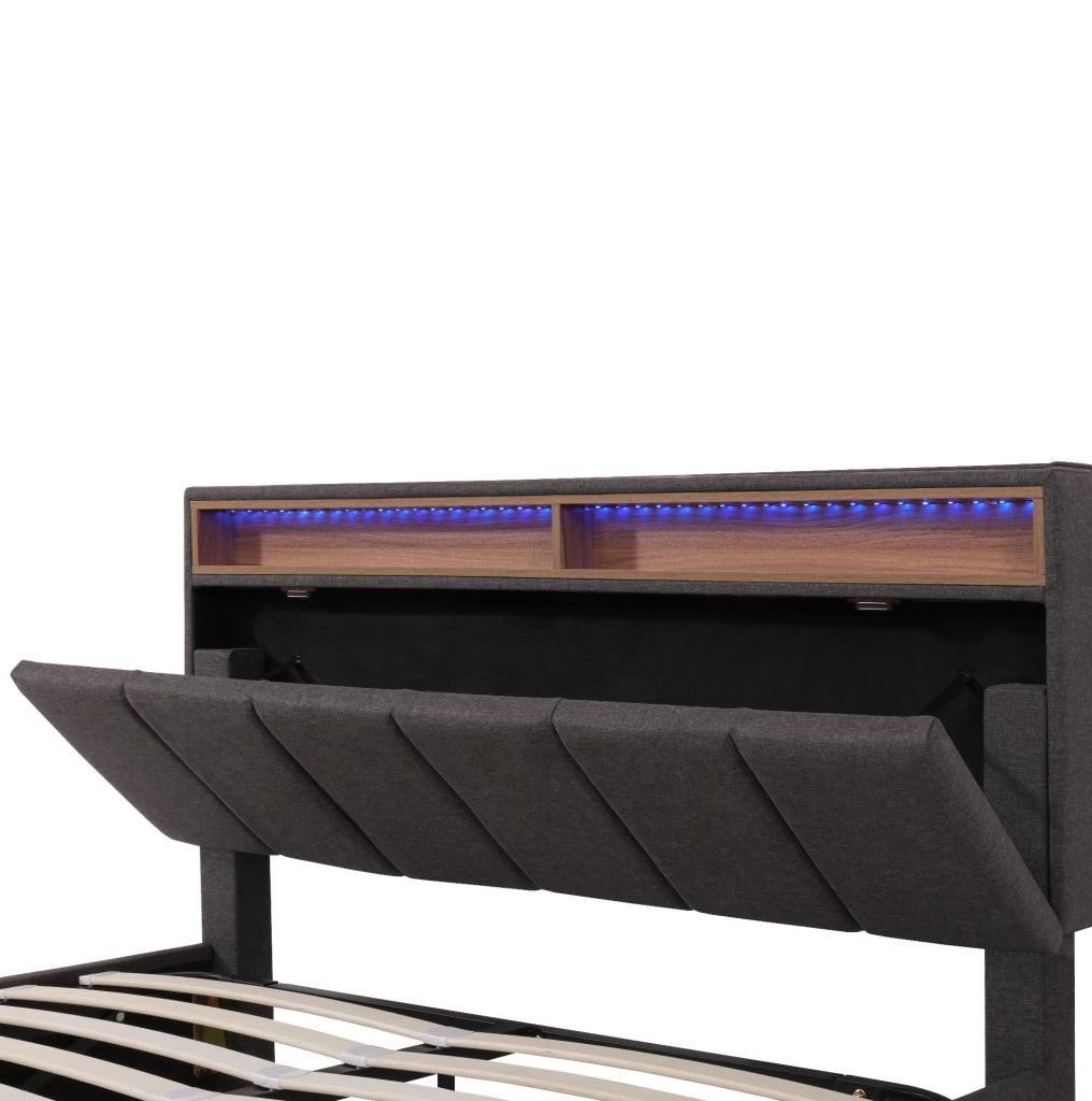 Letto imbottito matrimoniale 140x200 cm con LED; contenitore sottoletto; grigio in lino