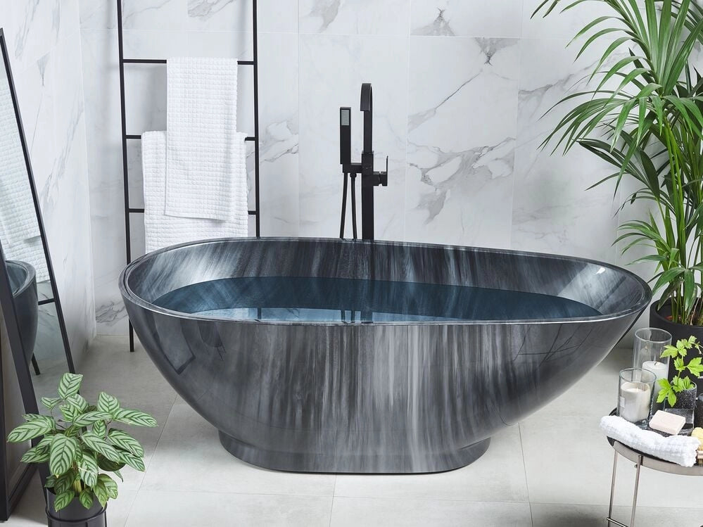 Vasca freestanding effetto marmo Nero sanitario acrilico singolo 170 x 80 cm ovale design moderno
