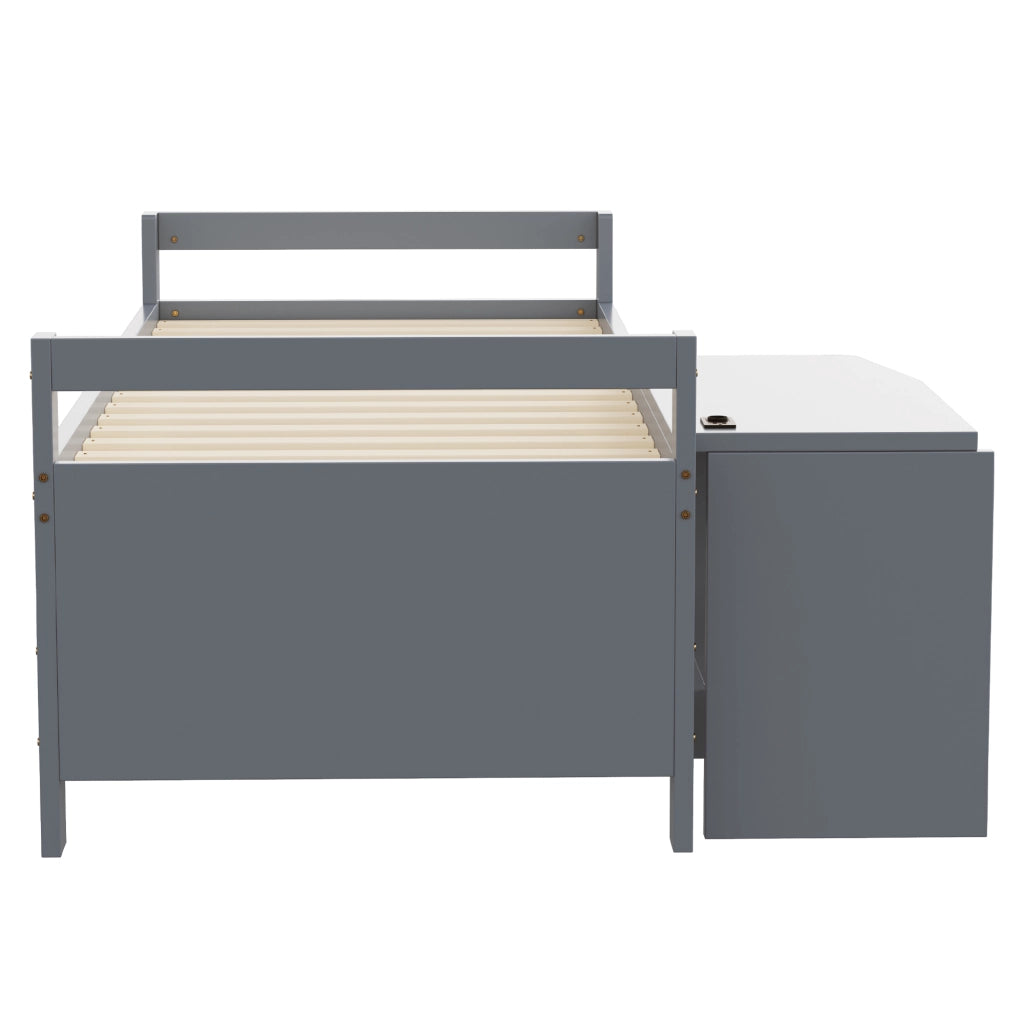 Letto combinato 90 × 200 cm con scrivania, contenitori integrati e prese USB, senza materasso, in legno, grigio