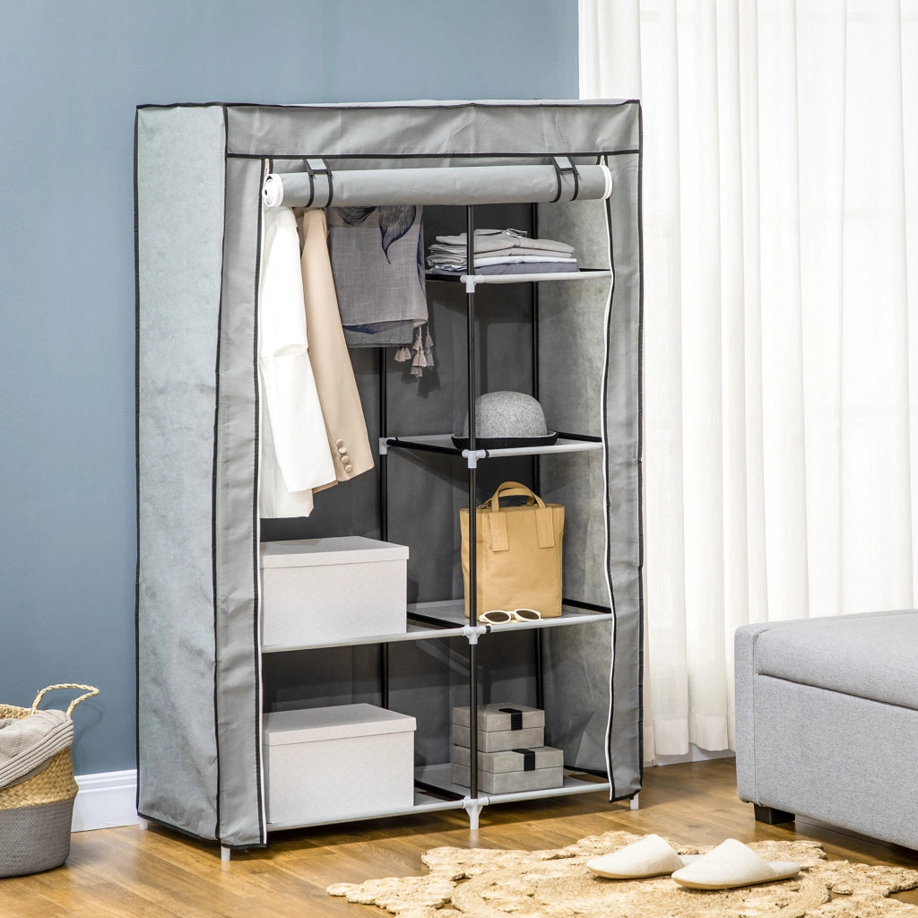 Armadio guardaroba in tessuto grigio con 1 barra appendiabiti e 6 ripiani, 103x43x162,5 cm