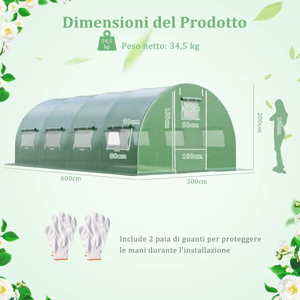 Serra da Giardino, Serra Tunnel per Piante e Orto con Copertura Resistente, Struttura Robusta in Acciaio Zincato, Finestre Avvolgibili e Porte con Cerniera (600 x 300 x 200 cm)