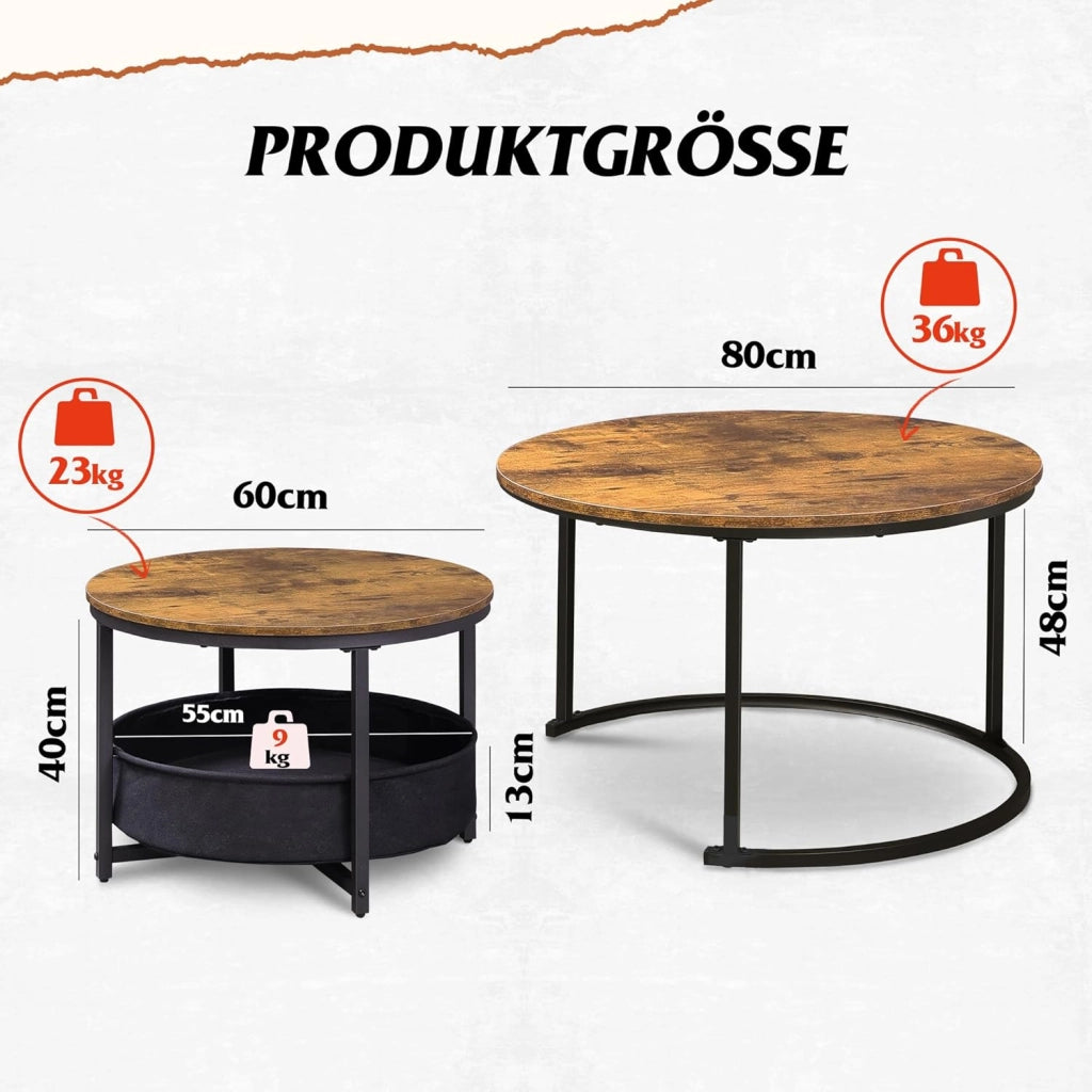 Tavolino da caff¨¨ rotondo con ripiano in legno e gambe in metallo ¨C zephmum ¨C marrone, 80x60 cm
