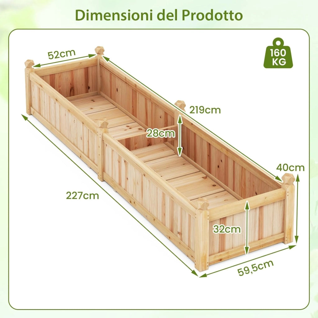 Letto da Esterno Rialzato in Legno, Fioriera Rettangolo con Divisorio, Sistema di Drenaggio, Fodera in Tessuto non Tessuto, Orto Rialzato per Giardino e Cortile, 227 x 59,5 x 40 cm (Naturale)