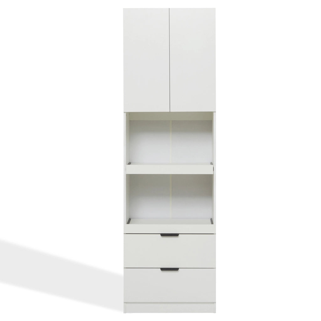 Armadio cucina multifunzione bianco con 1 anta, 2 ripiani aperti e 2 cassetti, 59,5 x 45 x 200 cm
