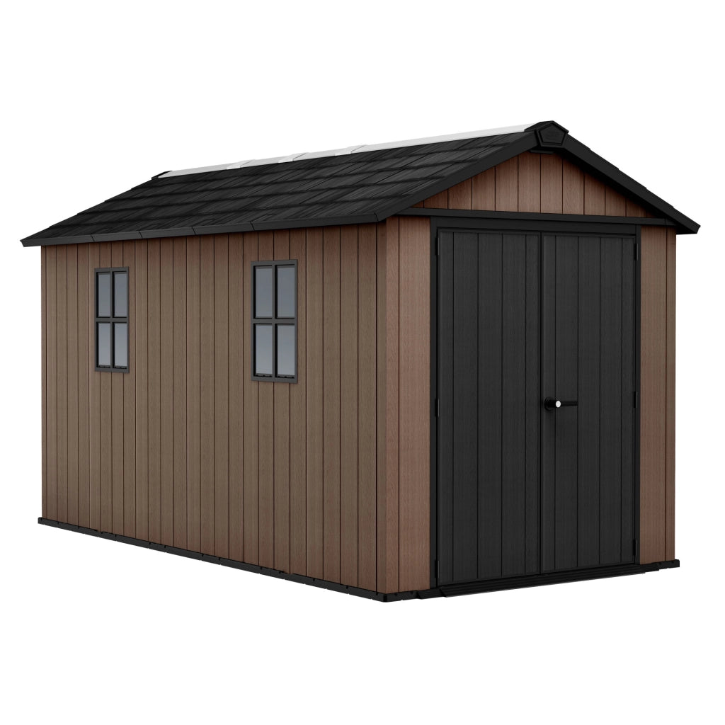 Newton + 7513/1375- Casetta da Giardino 413x246x230 cm 2 Ante per deposito attrezzi finitura effetto legno Evotech+ in Resina Marrone e Nero