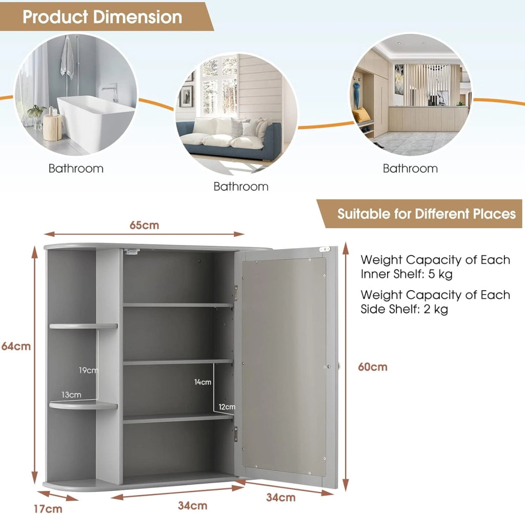 Armadietto Bagno a Parete, Mobiletto Pensile in Legno con Ante di Specchio, 6 Scomparti Laterali e 4 Ripiani di Stoccaggio, 3 Colori Disponibili, 65x17x64cm (Grigio)