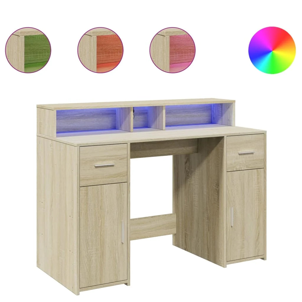 Scrivania tavolo postazione di lavoro mobile per computer scrivania da studio con luci a LED legno ingegnerizzato rovere Sonoma marrone 02_0023422