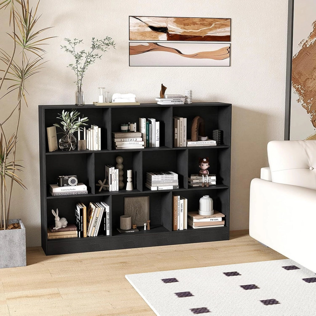 COSTWAT Libreria a 10 Cubi, Organizzatore di Stoccaggio a 3 Ripiani con 2 Kit Anti-Ribaltamento, Scaffale Multiuso in Legno per Soggiorno Camera da Letto Ufficio, 140x24x104 cm (Nero)