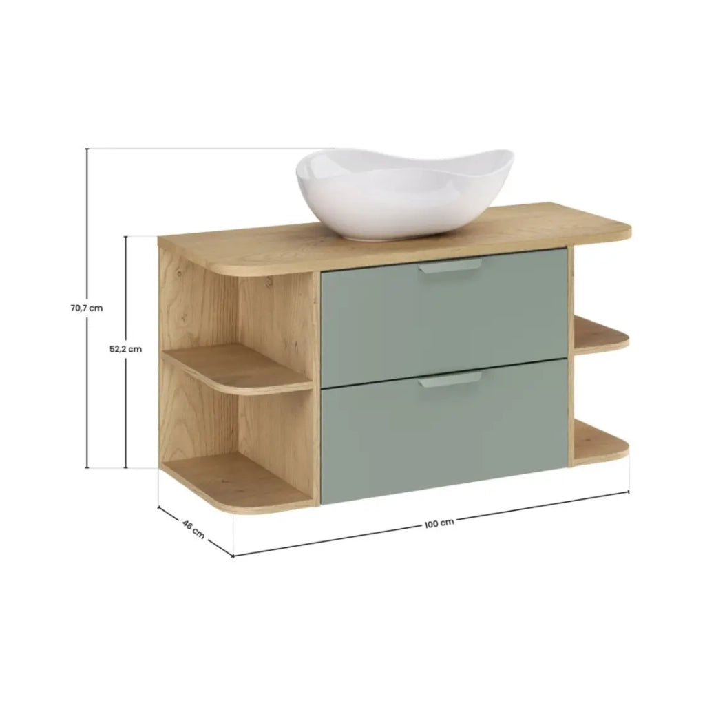 Set OSTER 100cm: mobili sottolavabo con cassetti verde salvia e nicchie a vista + piano per lavabo + lavabo da appoggio bianco