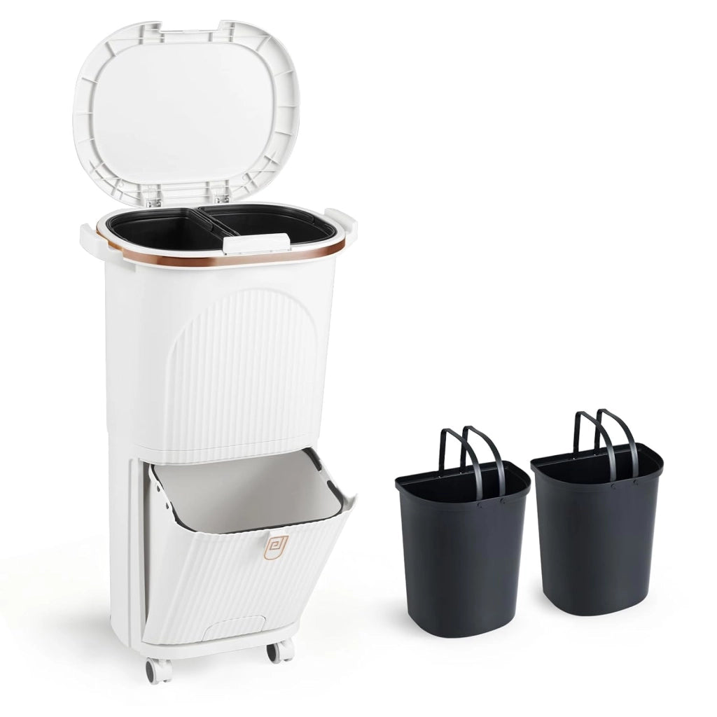 38 L（12+12+14 L） Pattumiera Differenziata, Secchio Spazzatura a 3 Scomparti con Coperchi, 2 Secchi Rimovibili Pedale e Ruote, Bidoni Differenziata per Bagno Cucina Ufficio