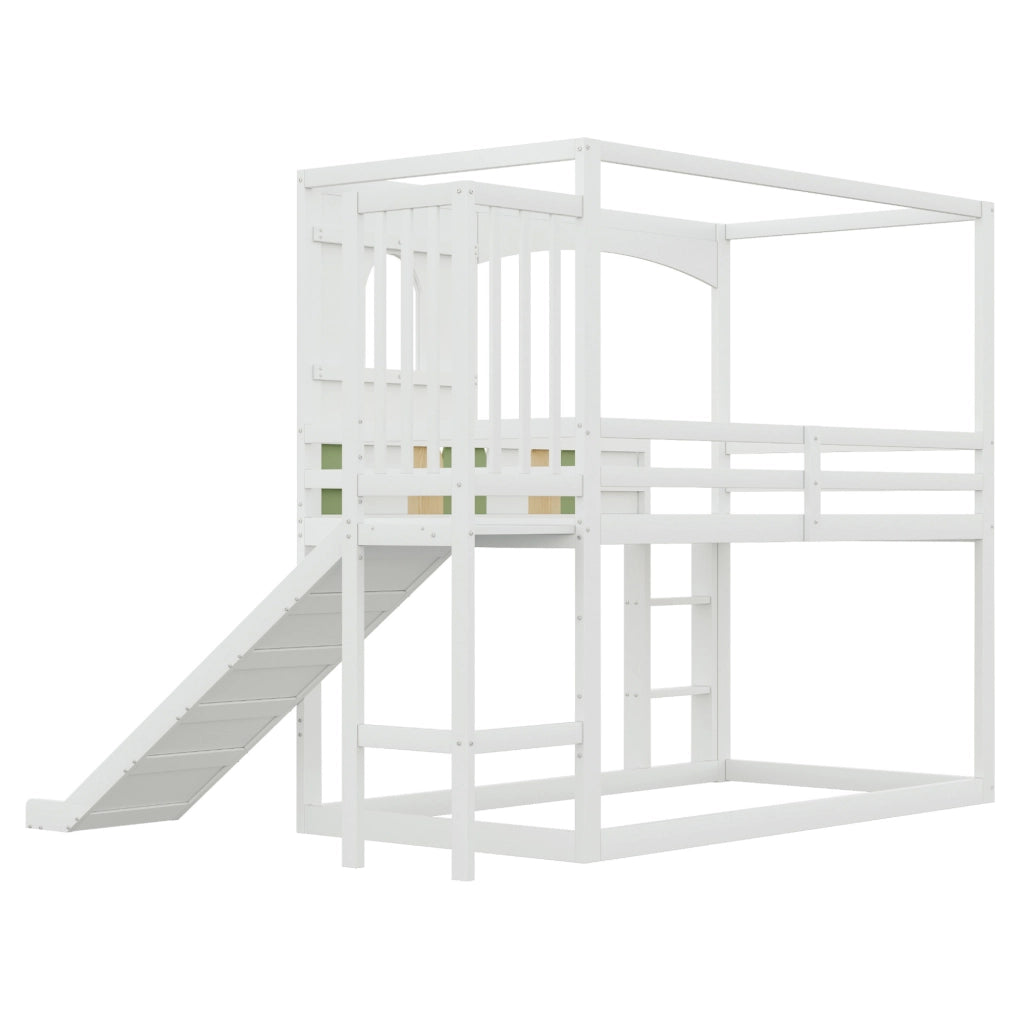Letto a soppalco per bambini 90x200 cm con scivolo e scala; pino; compensato e MDF; bianco