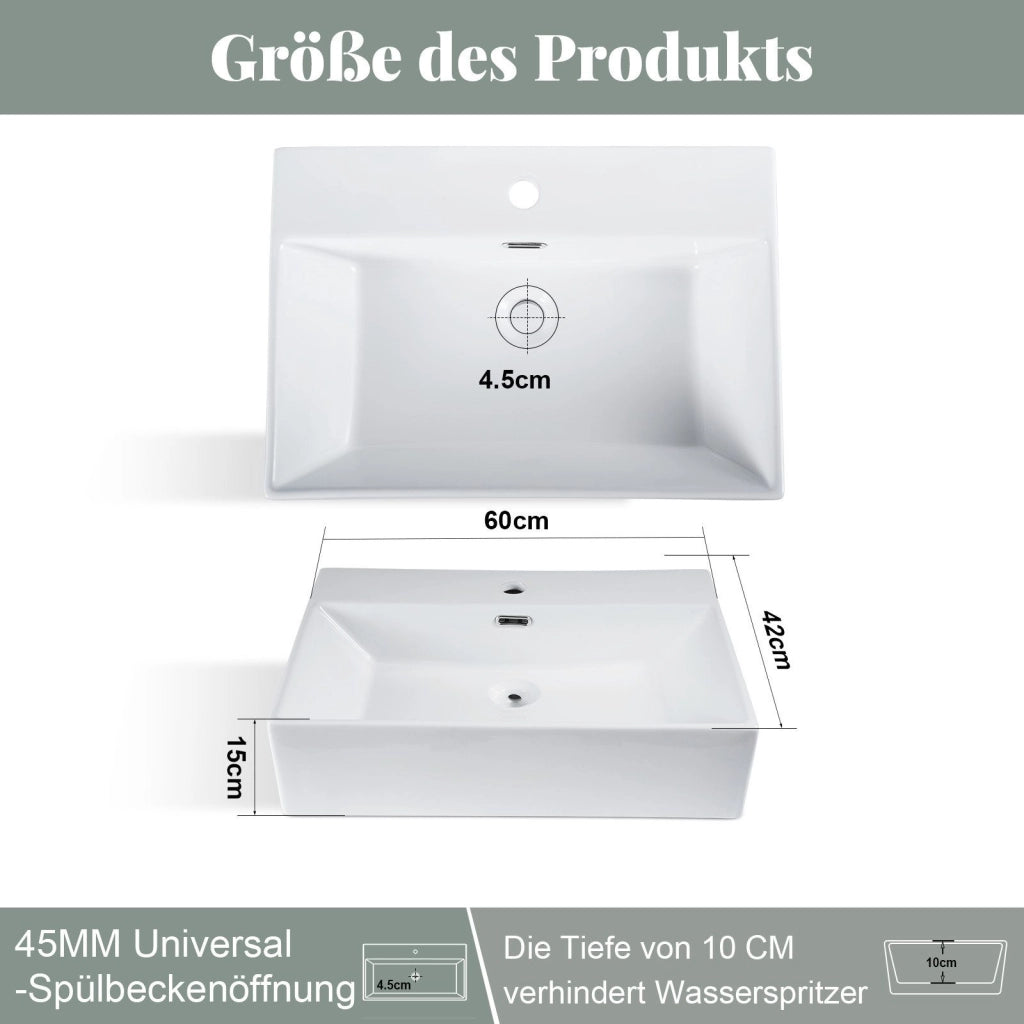 ZMH Lavabo da appoggio per bagno lavabo da appoggio rettangolare in ceramica bianca 60x42x15cm