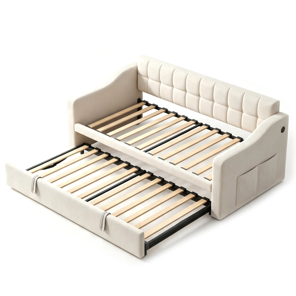 LETTO Imbottito Estraibile 90x190 cm Velluto Beige con Porte USB
