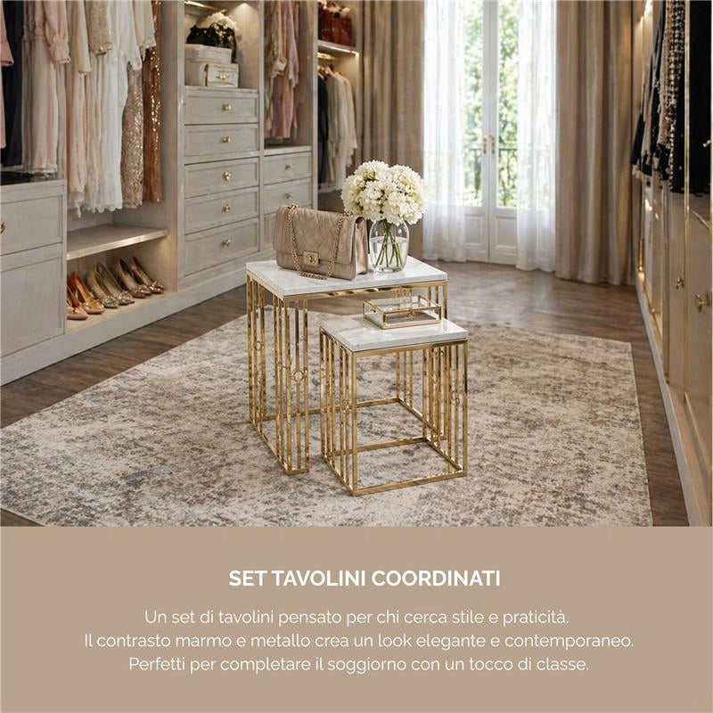 2 TAVOLINI QUADRATI IN METALLO E PIETRA SIMIL MARMO MISURE 42X42X58CM/36X36X50CM