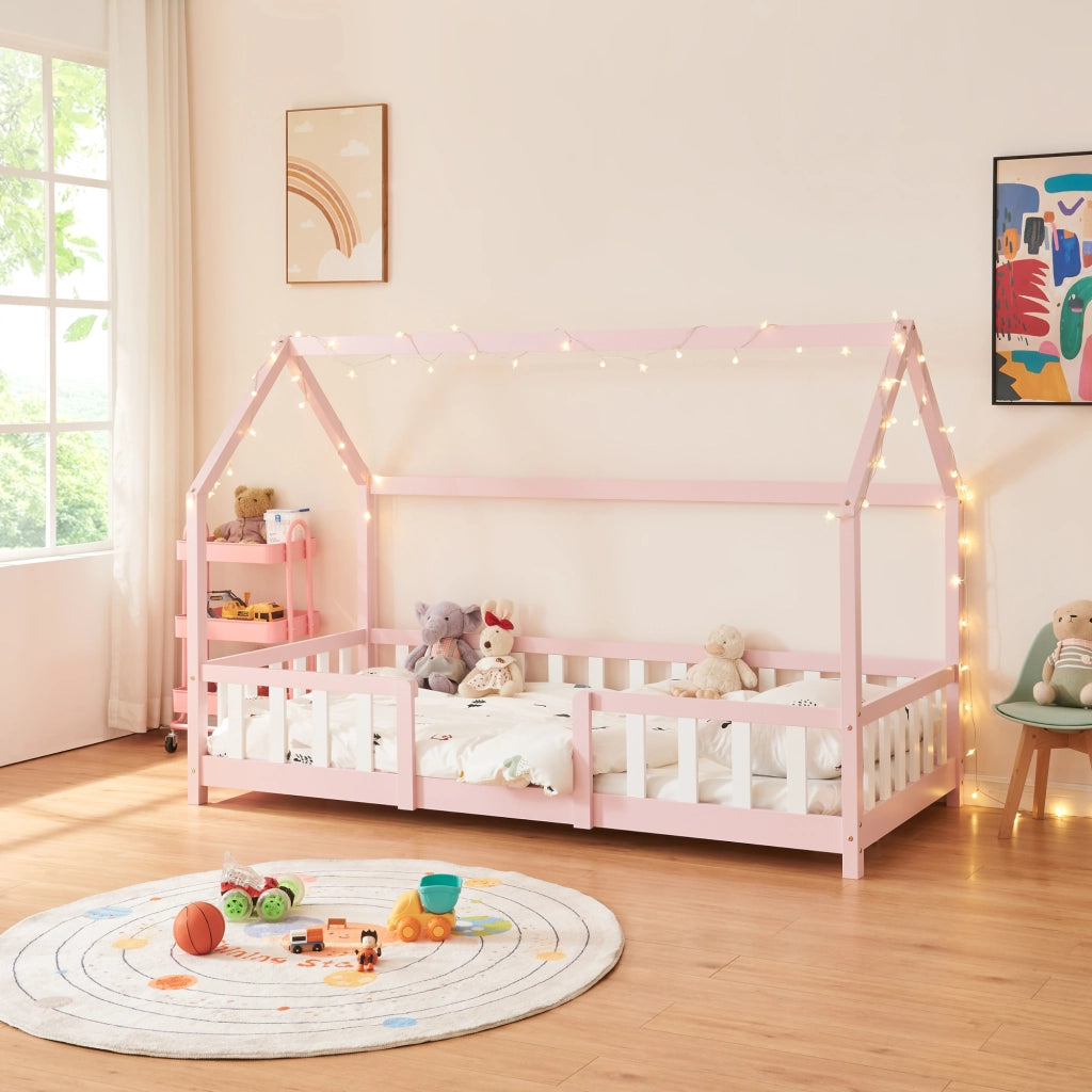 Letto per Cameretta Sisimiut a Forma di Casetta con Materasso 90x200 cm Rosa / Bianco [en.casa] [neu.haus]