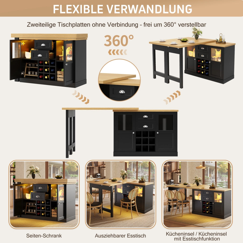 TAVOLO Allungabile Girevole 360° 120-197 cm MDF Nero con spazio contenitore