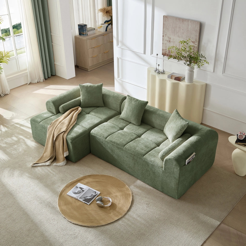 Divano angolare in chenille verde con seduta a molle e schiuma ad alta densità