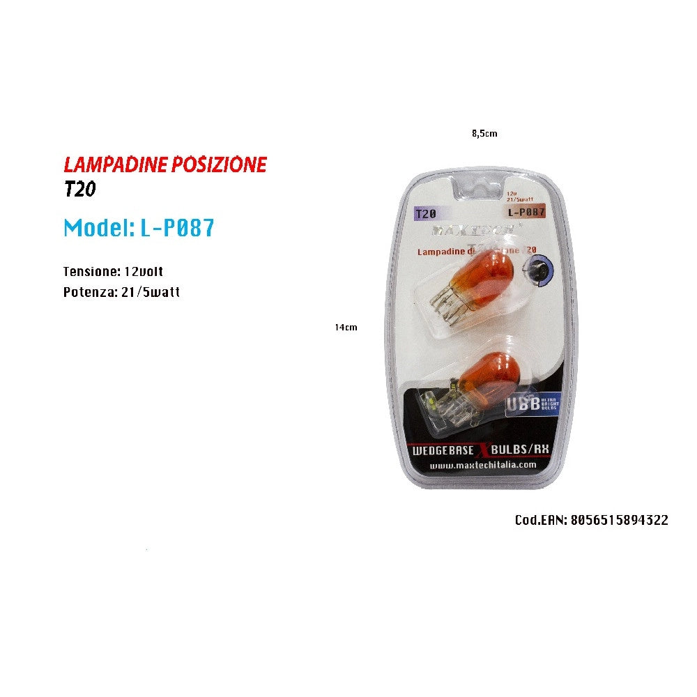 Trade Shop - Lampadine Di Posizione T20 12v 21/5 Watt Lampadine Ultra Luminose Maxtech L-p087 -