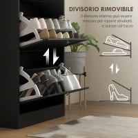 Scarpiera Salvaspazio a 3 Cassetti con Ripiani Regolabili su 2 Livelli, in Legno, 60x23.5x115 cm, Nero