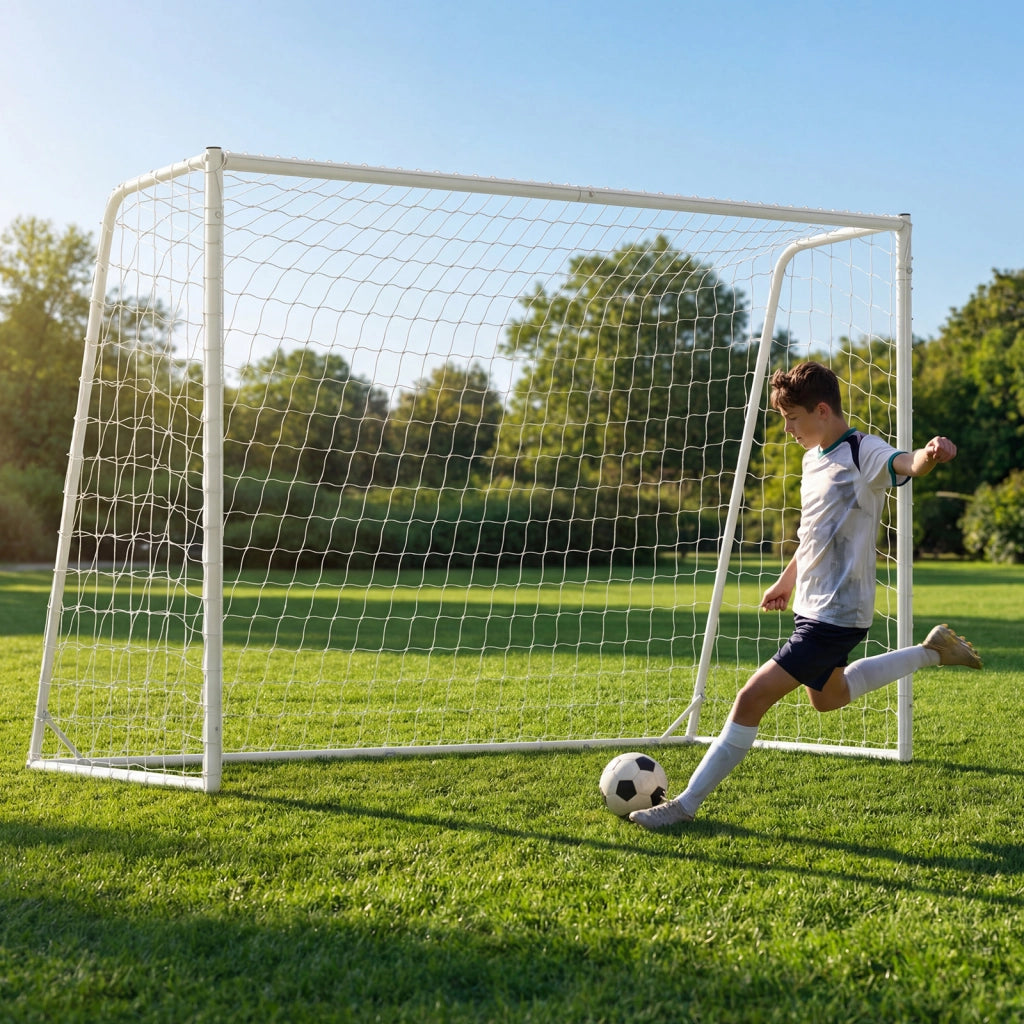 Porta calcio esterno telaio metallo rete pe 8 picchetti 16 fascette, Porta calcio facile montaggio attrezzatura allenamento bambini giovani adulti 300x204 cm