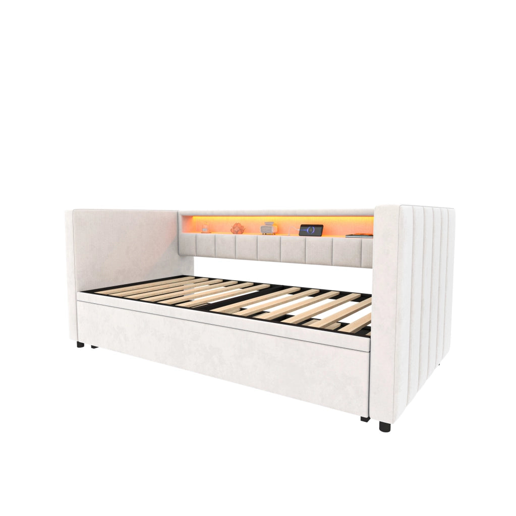 Divano letto 90x190 cm estraibile con LED e USB in velluto beige