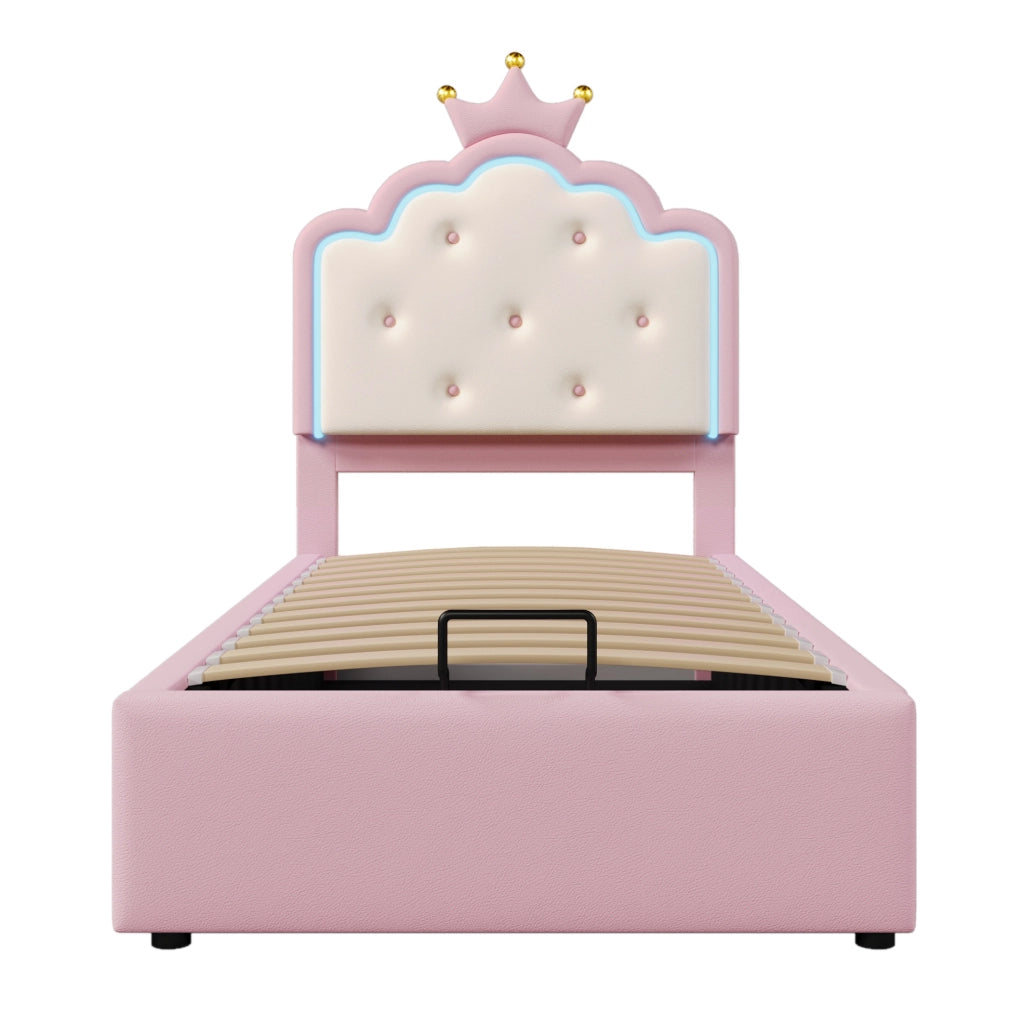 Letto imbottito per bambini 90x200 cm con rete a doghe; contenitore idraulico e LED; rosa