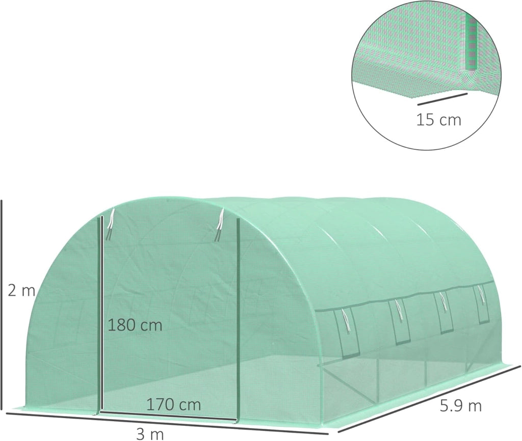 Serra per Piante a Tunnel, Serra per Orto da Esterno con Porta Avvolgibile e 8 Finestre, 6x3x2 m, in Acciaio e PE, Verde