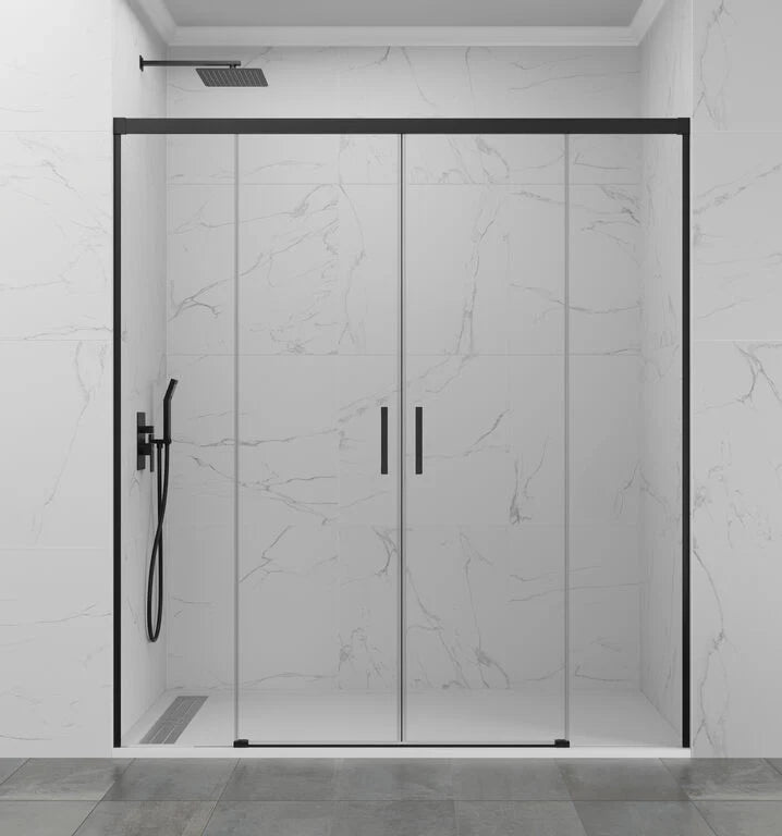 Box doccia frontale BASIC 2 fissi + 2 scorrevoli 150 cm (80+80) nero opaco vetro trasparente