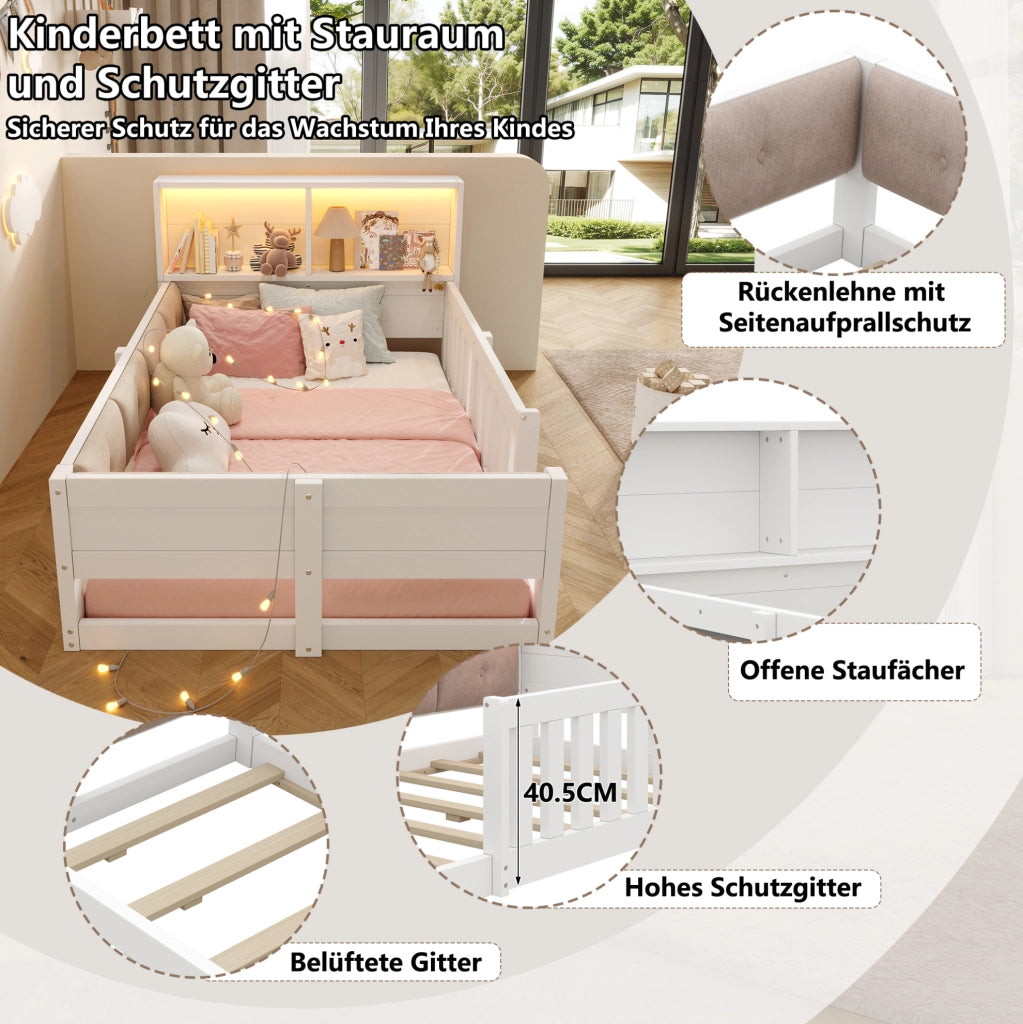 Letto basso per bambini 90 x 200 cm con sponde, LED e vano contenitore bianco