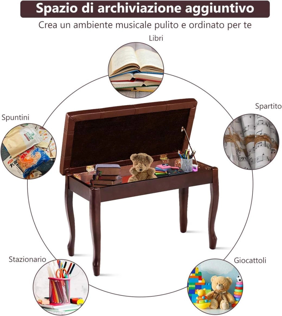 Panca per Piano Sgabello Panca Pianoforte, Cuscino Imbottito, con Scomparto di Immagazzinaggio, Costruzione in Legno Massiccio Rigido (Marrone)