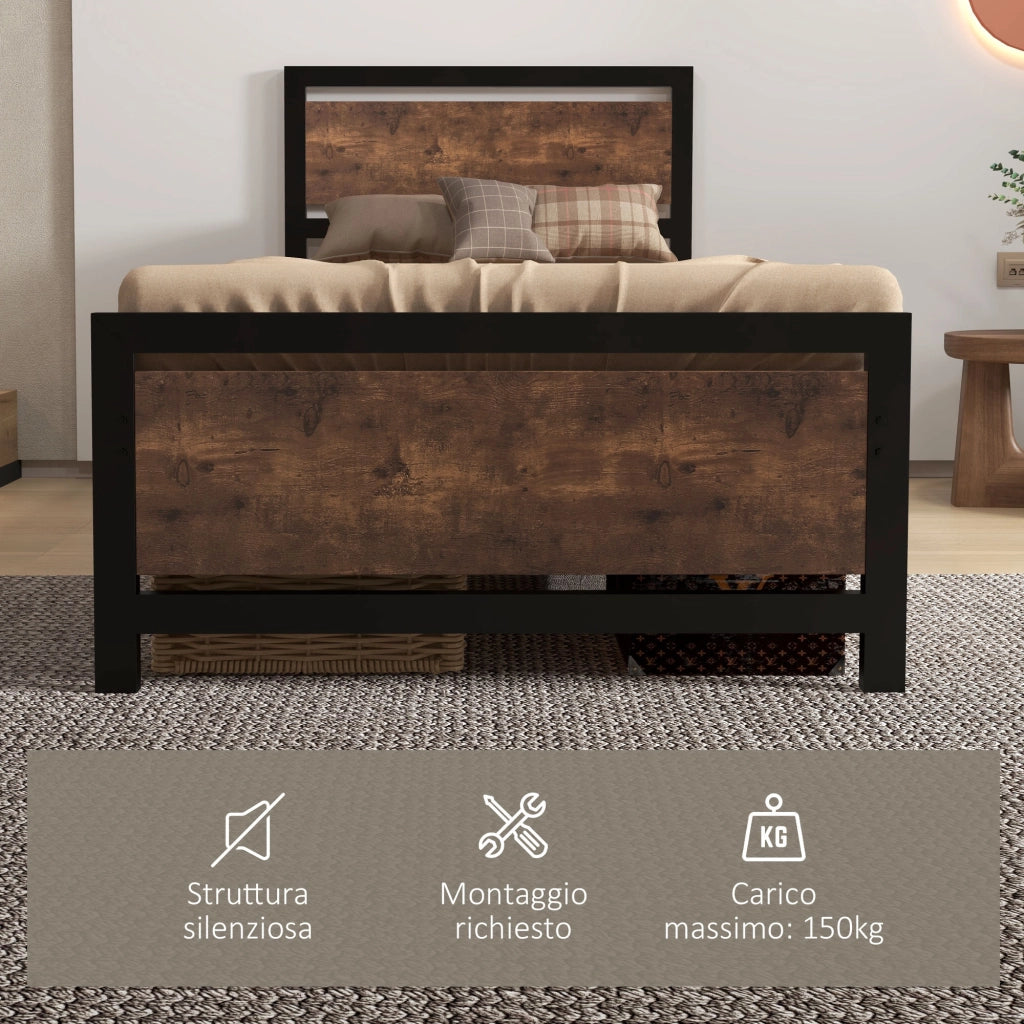 Struttura Letto Singolo in Legno e Acciaio con Doghe in Stile Industriale, 90x200cm