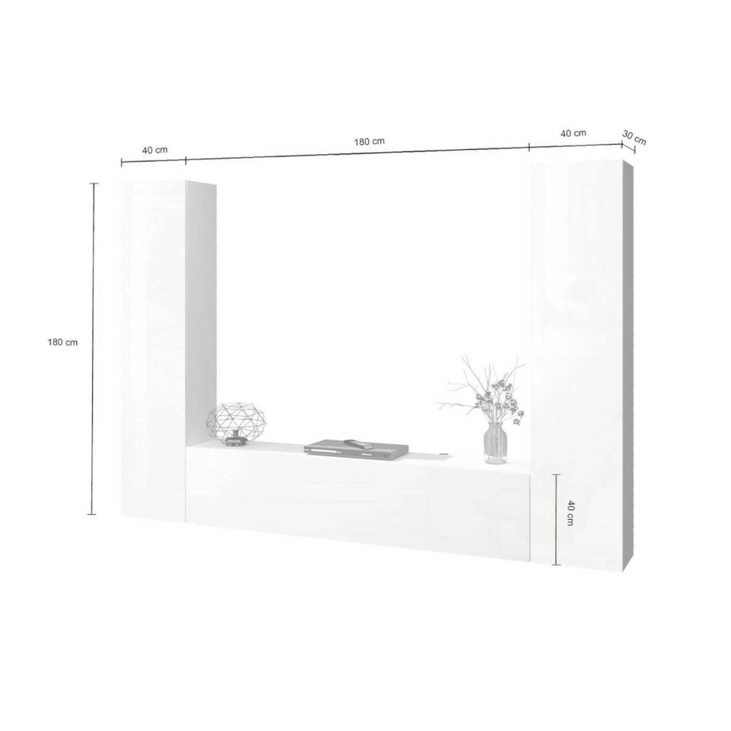 Mobile Soggiorno Natasha, Parete Attrezzata 9 Ripiani Made in Italy, 260x30x180h cm Bianco Lucido