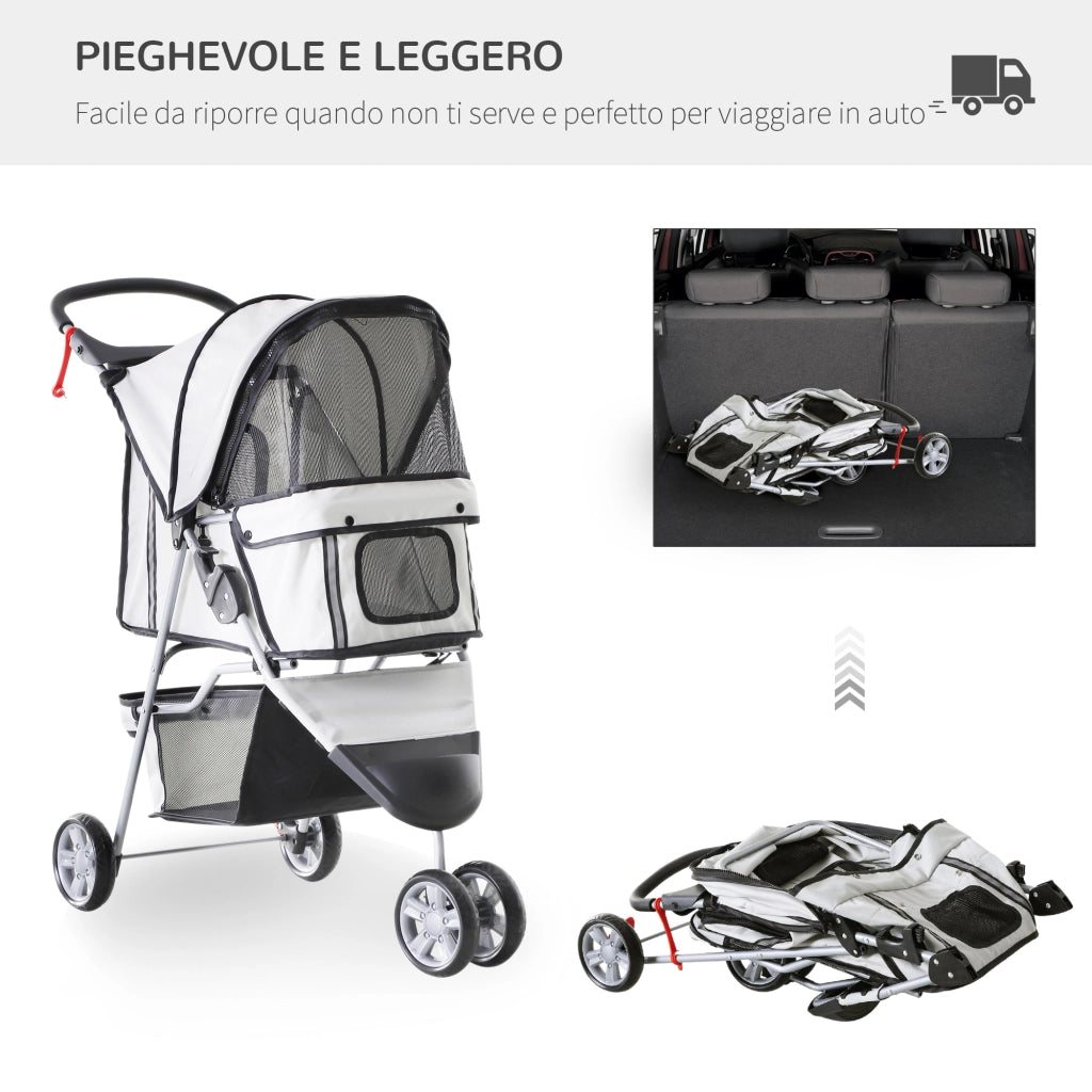 EasyComfort Passeggino per Cani Pieghevole con Portabicchieri e Cestino, in Acciaio e Poliestere, 75x45x97 cm, Grigio